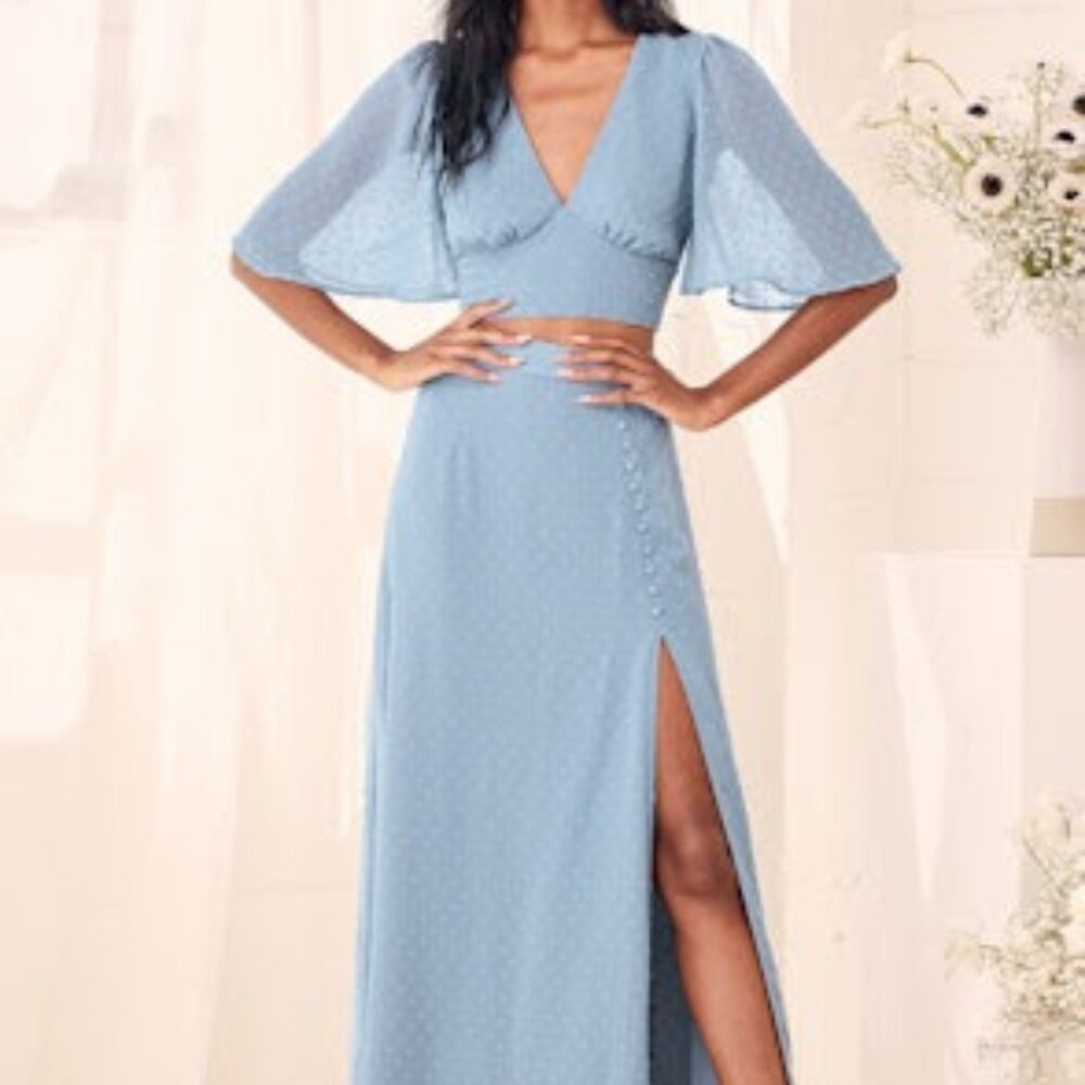 Lulu's Save Your Love for Me Blue Slate Swiss Dot Two-Piece Maxi Dress NWT